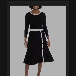 Long Sleeve Solid A-Line Sweater Dress with Contrast Trim Only Black